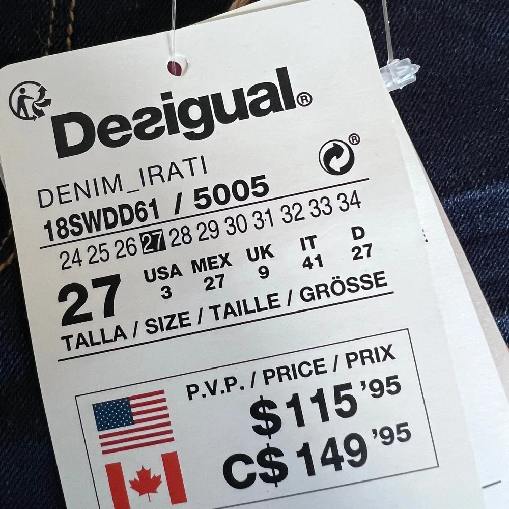 Desigual‎ Denim Irati Skinny Jeans Dark Wash Embroidered Indigo 18SWDD61 Size 3